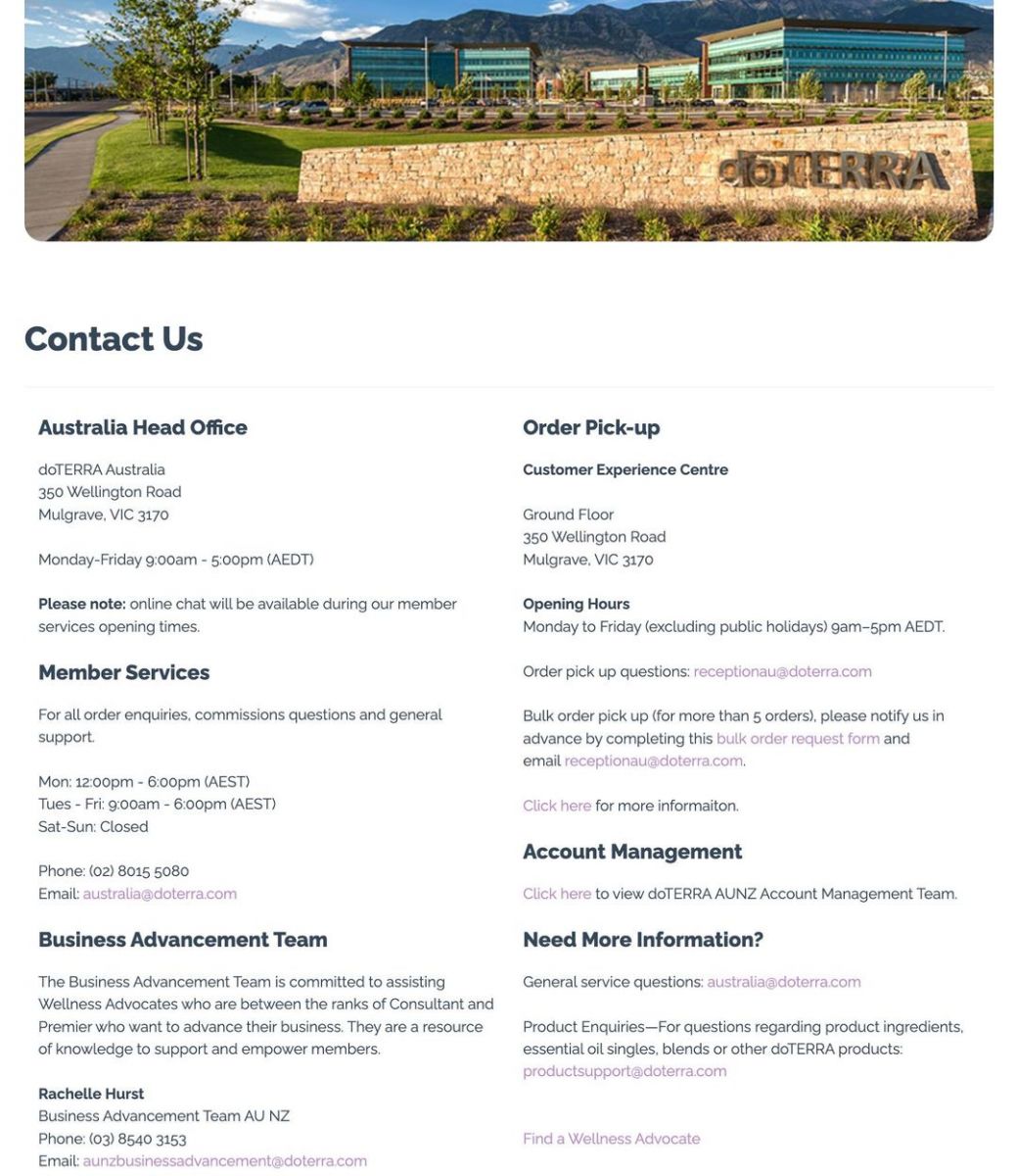 doTERRA Austrlia Member Services contact, phone number, email 